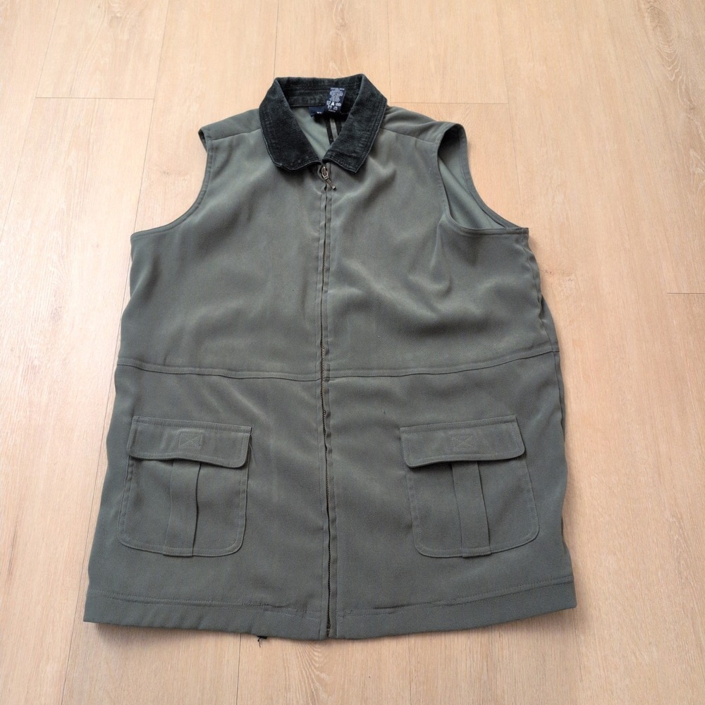 VTG Denim & Co Mens Large Olive Green Utility Vest Leather Collar Trim Full Zip